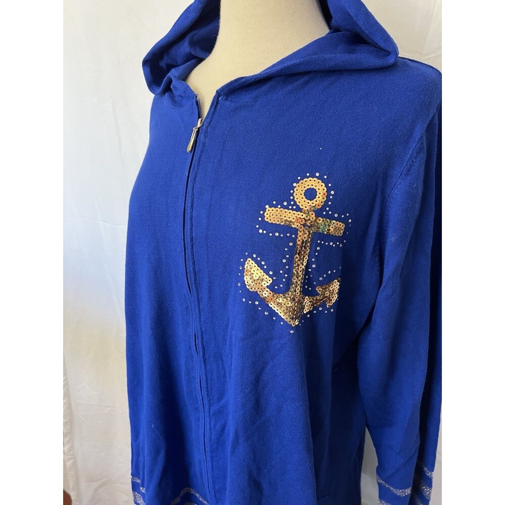 NWT QUACKER FACTORY ZIP UP HOODED KNIT TOP, ZIP FRONT, ANCHOR, 1X, NAUTICAL - Picture 2 of 12